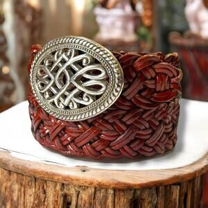 VTG Western Belt Womens Woven Braided Oxblood Silver Tone Filigree Buckle Size L
